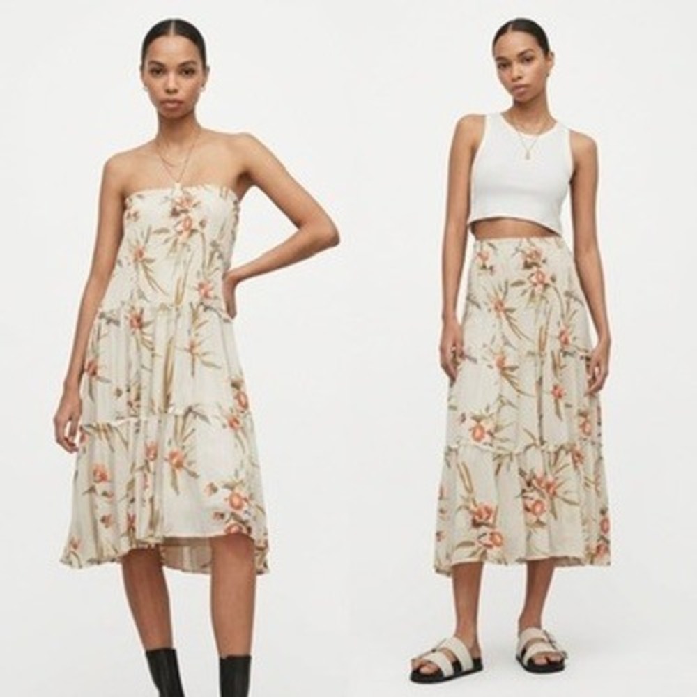 AllSaints Ellie Dorada Dress 12 Cream Floral Smocked Convertible Midi Skirt